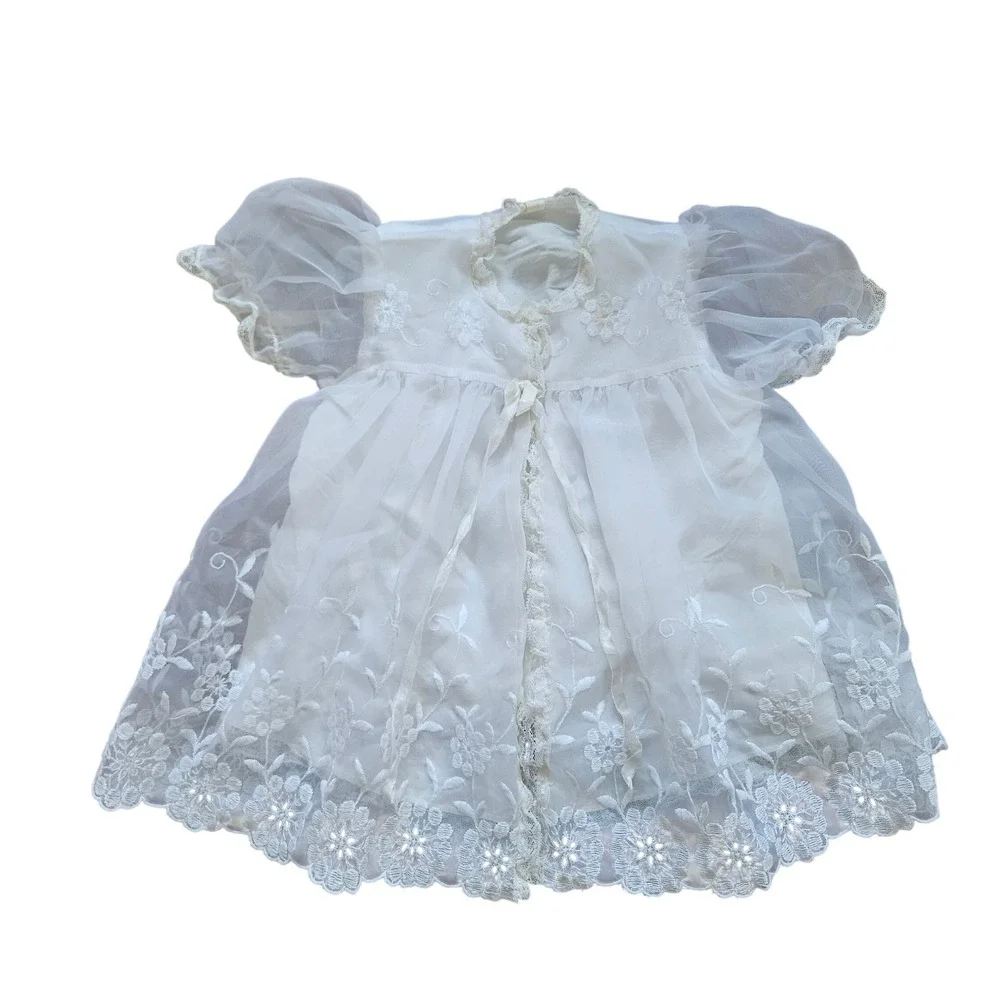 Vintage White Sheer Organza Baby Dress Floral Lace Embroidery‎ Christening Dress